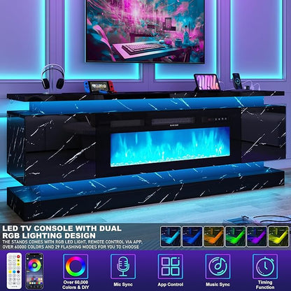 chartustriable 71IN LED TV Stands w/40 inch Fireplace Power Outlet for 85/80/75 Inch TVs,High Glossy Modern TV Media Console Gaming with 2 Storage Cabinets,Dual LED Lights,Black Marble