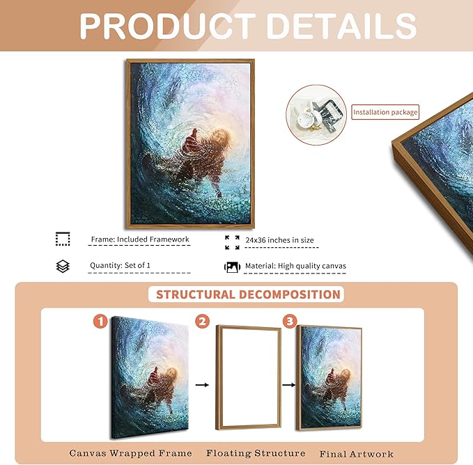 Floating Frame Jesus Christian Wall Art, Hand of God Canvas Paintings Posters Prints, Christ Religion Bible Jesus Salvation Wall Decor for Church Study Prayer Room Home Decoration 24x36 inch