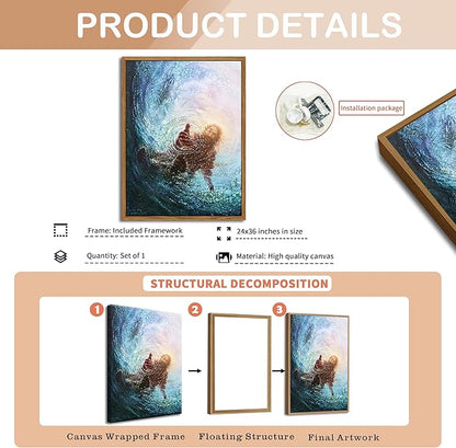 Floating Frame Jesus Christian Wall Art, Hand of God Canvas Paintings Posters Prints, Christ Religion Bible Jesus Salvation Wall Decor for Church Study Prayer Room Home Decoration 24x36 inch