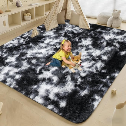 Large 9x12 Area Rug for Living Room, Soft Shag Rugs for Bedroom, Non-Slip Ultra Fluffy Rug,Modern Plush Carpet for Girls Boys Kids Room Dorm,Fuzzy Rug,Black White Grey