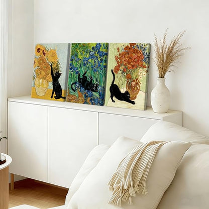 WENGTIAO 3Pcs Black Cat Wall Art Prints Vintage Van Gogh Sunflower Cat Canvas Paintings Irises Floral Pictures Flower Aesthetic Artwork for Living Room Bedroom 12”x16”x3