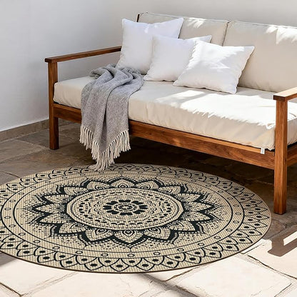Easy Jute Outdoor Round Rug, 5ft Washable Indoor Outdoor Patio Rug, Black Non Slip Round Area Rug Farmhouse, Boho Carpet for Backyard Patio