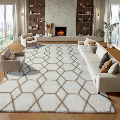 ONASAR Large Area Rugs for Living Room, 7x10 White and Beige Bedroom Rug, Geometric Boho Soft Plush Shaggy Fuzzy Floor Carpet Mat for Nursery Kids Girls Boys Teen Dorm Home Decor