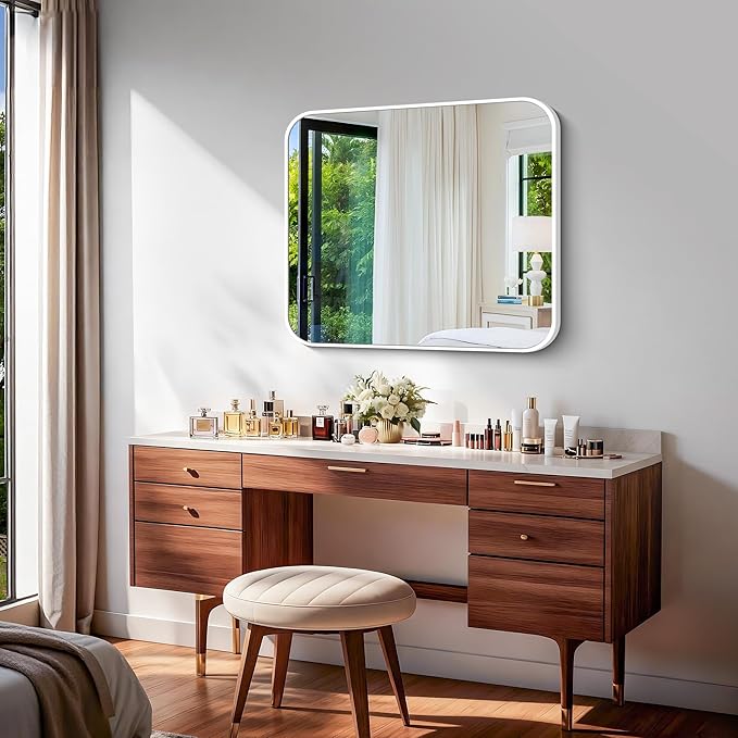 BONEWEI White Bathroom Mirror,30x36 inch Wall Mirror for Bathroom Wall Mounted,Rectangle Mirror for Bathroom Over Sink,Modern Frame Round Corner for Living Room,Bedroom Entryway,Horizontal/Vertical