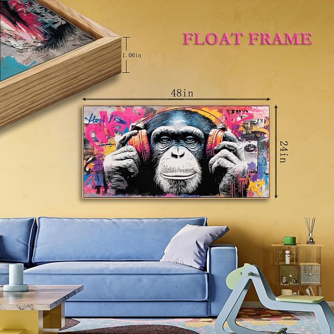 Sorbrozo Colorful Gorilla with Headphones - Street Graffiti Wall Art Print DJ Music Animal Canvas Painting Urban Wall Decor for Boys Room 24x48in