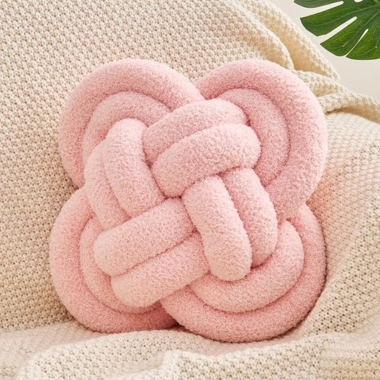 Knot Pillow, 12" Soft Decorative Throw Pillows for Couch Bed, Gray Pink Knotted Plush Throw Pillow Handmade Square Cushion Home Decor Pillows (New Pink, 12 Inches X12 Inches)