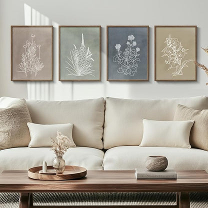 Framed Boho Botanical Wall Art for Living Room, 4 Piece Rustic Floral Canvas Painting Prints, Vintage Minimalist Neutral Flower Artwork for Modern Farmhouse Bedroom Dining Room Office Wall Decor