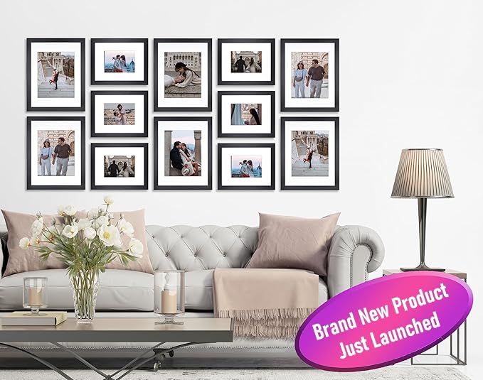 VELISTA 12 Piece Large Rectangle Gallery Wall Frame Set - Photo Frame Set with Mat 8x10 and 11x14 in - Picture Frame Set for Wall Collage made of Engineered Wood –Assorted Black Frames for Gallery Wall