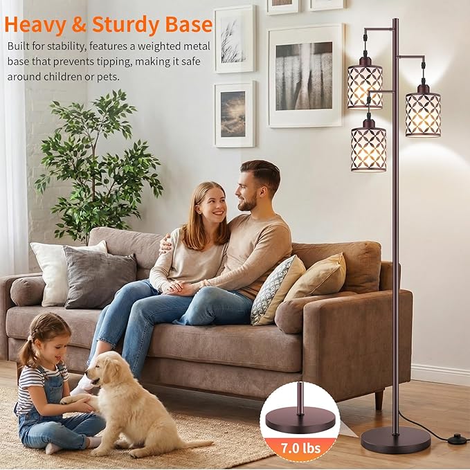 Dimmable Floor Lamp, Farmhouse Standing Lamp with Elegant Metal Cage, Industrial Tall Tree Floor Lamps for Living Room, Bedroom, Study Room, Office, 3 x 800LM LED Bulbs Included, 72", Brown
