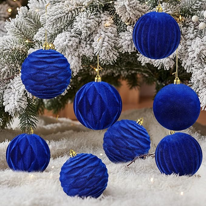 Liliful 12 Pcs Velvet Christmas Ornaments Balls, 4 Inch Flocked Plastic Christmas Tree Ball Shatterproof Hanging Ornaments Decorations for Xmas Tree Vintage Holiday Rustic Home Decor(Blue)