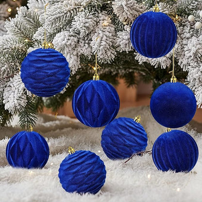 Liliful 12 Pcs Velvet Christmas Ornaments Balls, 4 Inch Flocked Plastic Christmas Tree Ball Shatterproof Hanging Ornaments Decorations for Xmas Tree Vintage Holiday Rustic Home Decor(Blue)