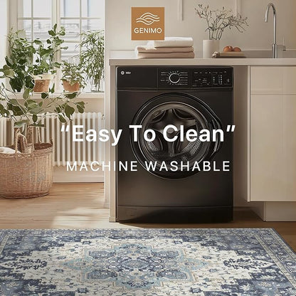 GENIMO Area Rug 2x3 Doormat, Machine Washable Low Pile Rugs, Small Retro Chenille Entryway Mat for Entrance, Hallway, Kitchen and Corridor, Center Blue