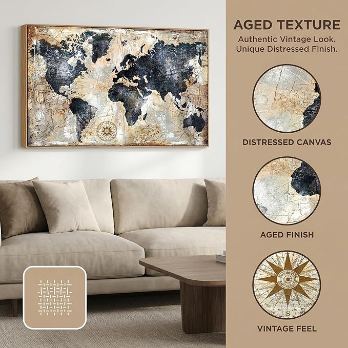 Tucai Decor Framed Wall Art World Map Wall Art Print Picture Decor Home Interior - Map Picture for Office Decor Travel Memory Nautical Map Canvas Artwork 20 x 40 inch Ready to Hang (Framed)