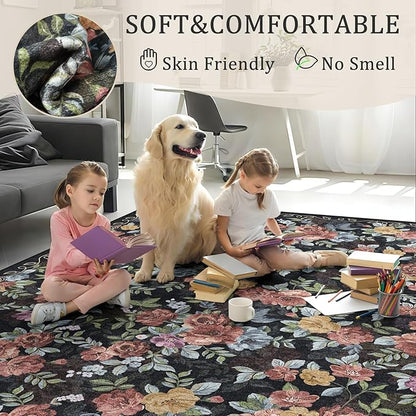 2x6 Machine Washable Runner Rug, Kitchen Hallway Area Rug Dark Blue Black Vintage Boho Floral Ultra Non-Slip Low Pile Soft Faux Wool Carpet Kids and Pets Friendly for Bedroom Entryway Nursery Home Rug