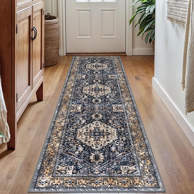KOZYFLY Runners for Hallways 2x7 Ft Washable Kitchen Runner Rug Boho Runner Rug for Entryway Indoor Gold/Orange/Navy Printed Oriental Faux Wool Floor Carpet Runner for Bedroom
