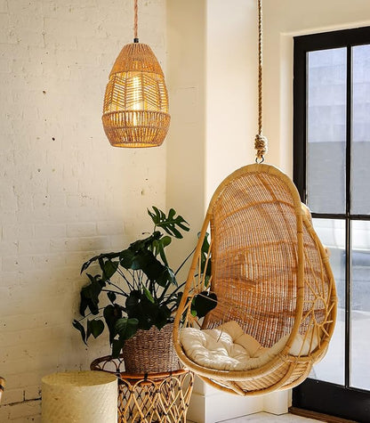 Plug in Pendant Light Rattan Hanging Lights with Plug in Cord 15FT Hemp Rope Cord, On/Off Switch Chandelier for Boho Living Room Bedroom Kitchen（Bulb Included） 11 x 7 inch