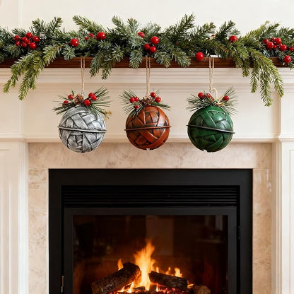 Christmas Bells, Christmas Jingle Bell Decorations with Pinecones and Berries Festive Decor with Real Bell Sound - Holiday Decor for Christmas Tree, Wreath, 3 Pack (White, Red & Green)