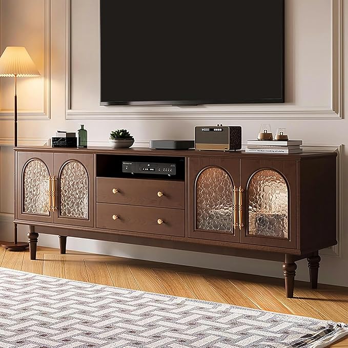 TV Stand TV-Console Table, Solid Wood TV Stands, 59×15.7×22.8in, Tempered Glass Door, Modern Entertainment Center, Tv Cabinet with Drawers, TV Table, for Living Room, Bedroom(Black B)