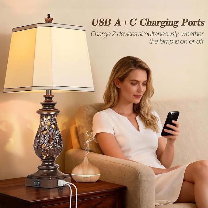 PARTPHONER 29" Table Lamps Set of 2, Bedside Lamps with USB A+C Ports & Night Light, Farmhouse Nightstand Lamps with Faux Silk Shades for Bedroom Living Room, Vintage Brown (LED Bulbs Included)