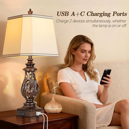 PARTPHONER 29" Table Lamps Set of 2, Bedside Lamps with USB A+C Ports & Night Light, Farmhouse Nightstand Lamps with Faux Silk Shades for Bedroom Living Room, Vintage Brown (LED Bulbs Included)