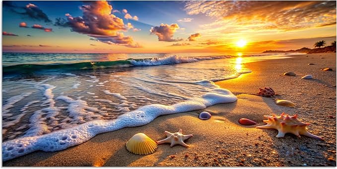 TutuBeer 1 Panel Beach Picture Beach Wall Art Blue Sea Sunset with Starfish Ocean Canvas Painting Sea Artwork for Walls Seascape the Pictures for Home Decor Wall Decor Ready to Hang 8x16inch