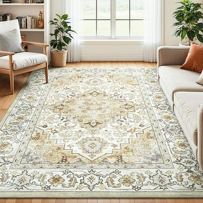 Lessymo 5x7 Area Rugs- Machine Washable Area Rugs, Super Soft Faux-Wool Area Rug for Living Room Bedroom, Boho Area Rug Vintage Floral Medallion Non-Slip Low Pile, Kid & Pet Friendly, Beige