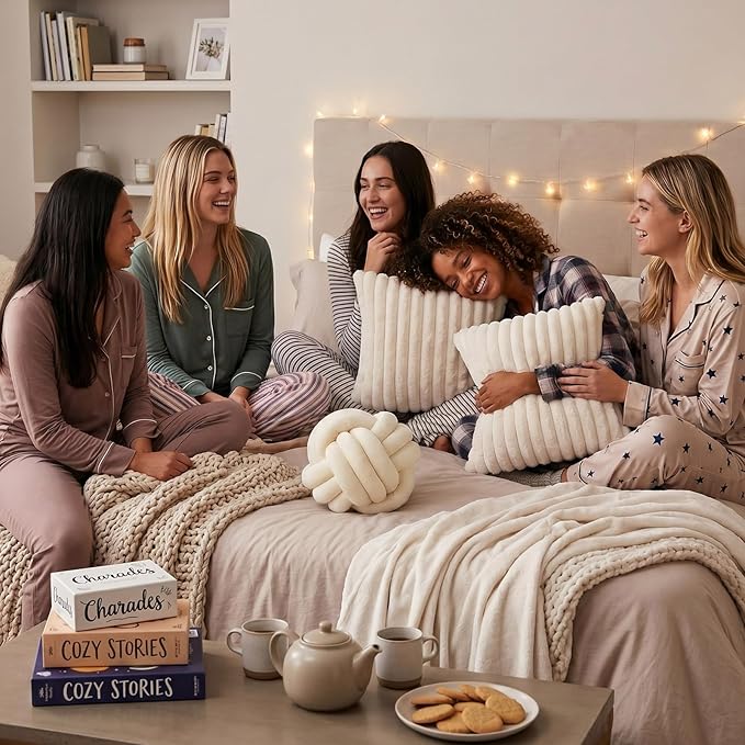 Tegeme Set of 3 Knot Pillow Ball and 18" Throw Pillowcases Fuzzy Striped, Soft Knotted Home Decor Pillow, 2 Faux Fur Cushion Covers Aesthetic Cushion and Cases for Sofa Bed Bedroom Living Room(Cream)