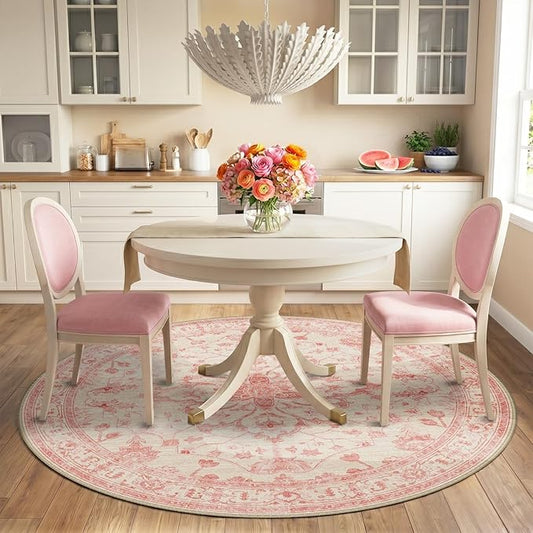 RELEANY Area Rugs Round 6ft Washable Non-Slip, Floral Vintage Distress Print Pattern Medallion Carpet for Living Room Bedroom Dining Room, Pink Light Vintage Pink