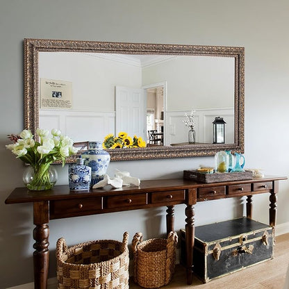 Chende 60" L x 31" W Large Full Length Mirror for Bedroom, Antique Bronze Decorative Mirror with Ornate Solid Wood Frame, Rectangular, Long Narrow Leaves Design, Unique