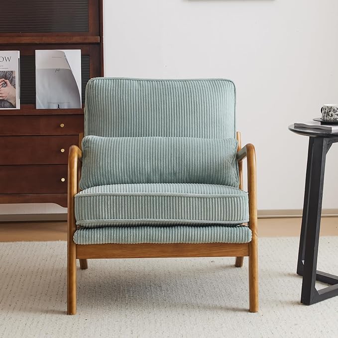 Karl home Mid-Century Modern Accent Chair, Living Room Chairs with Pillow Corduroy Upholstered Lounge Armchair with Solid Wood Frame & Soft Cushion for Bedroom, Reading Room, Teal