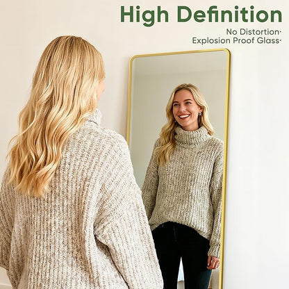 Suidia Full Length Mirror Over the Door&Wall Mounted, 48"x14" Door Mirror with Aluminum Alloy Frame, HD Shatterproof, No-Drill, Hanging Mirrors for Bedroom, Bathroom, Dorm, Closet, Rounded Rect, Gold