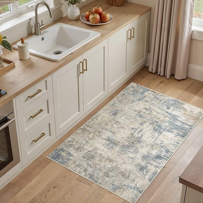 cotiled 3x5 Area Rugs for Living Room - Washable Neutral Abstract Carpet Non Slip Soft Rug for Bedroom & Dining Table, Robot Vacuum & Pet Friendly Floor Decor Grey Light Blue