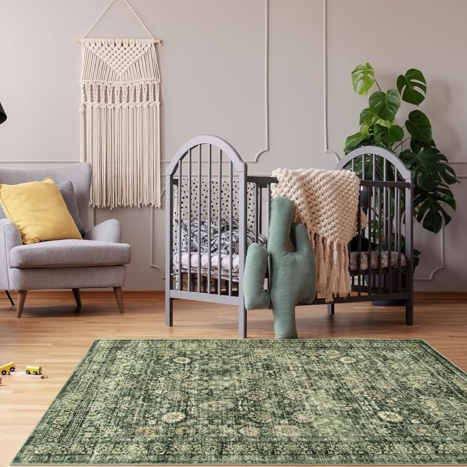 Morebes 5 x 7 Area Rugs Washable Rug Boho Soft Living Room Rugs, Non-Slip Non-Shedding Distressed Large Vintage Rug for Bedroom Farmhouse Dining Room Indoor Playroom,Grayish Green