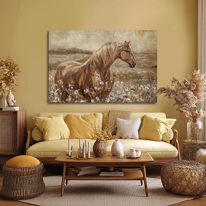 ZENPEE Horse Canvas Wall Art for Living Room Large Brown Horse Painting Western Farmhouse Wall Decor Above Couch Rustic Animal Wall Art 32x48 Inch