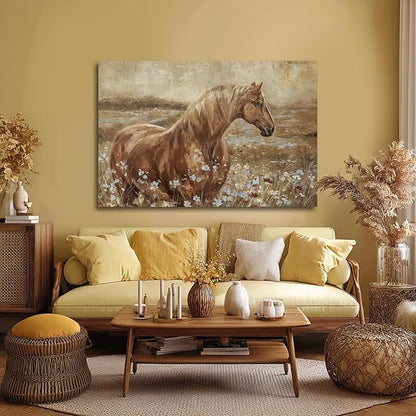 ZENPEE Horse Canvas Wall Art for Living Room Large Brown Horse Painting Western Farmhouse Wall Decor Above Couch Rustic Animal Wall Art 32x48 Inch
