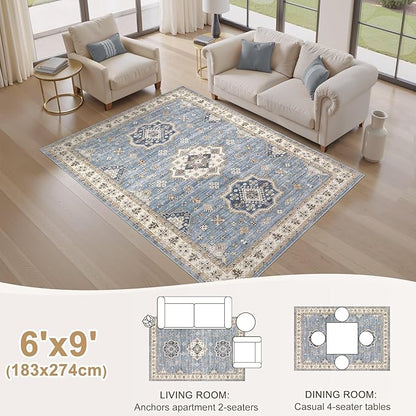 EIEIHOUSE Washable Area Rugs for Living Room - 6x9 Neutral Vintage Distressed Floral Farmhouse Boho Large Soft Floor Rug Indoor Non Slip Carpet for Living Room Bedroom Dining Room Office - Blue