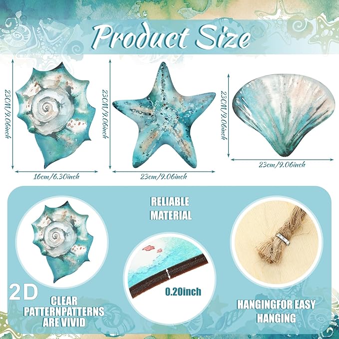 Tatuo 3 Pcs Summer Coastal Wall Decor Bathroom Beach Blue Wall Art Sea Turtle Surfboard Seahorse Starfish Seashell Conches Crabs Sea Life Decor for Bedroom Home (Shells,Conch,Starfish)