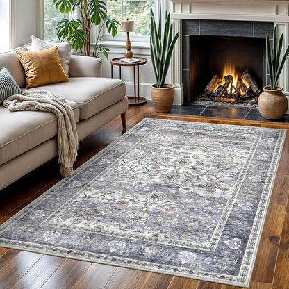 KUTA Washable Rug 4x6 Area Rug, Vintage Rug Indoor for Living Room, Non Slip Machine Washable Large Rugs, Soft Print Distressed Grey Blue Farmhouse Carpet for Bedroom Dining Room Dorm Office