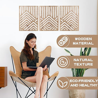 3PCS Wood Mountain Wall Art, Modern Wooden Panel Mountain Wall Decor, Decorative Forest Nature Abstract Line Minimalist Wall Art for Living Room Bedroom Farmhouse, 16.5x 12.5in (Light brown)