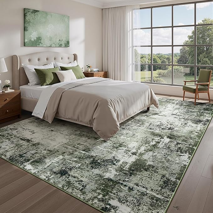 Rugflix 5x7 Area Rugs for Living Room, Washable Large Rug Stain-Resistant Low Pile, Modern Dark Carpet for Dining Room Home Office Kid Room Nursery Bedroom, Dark Green