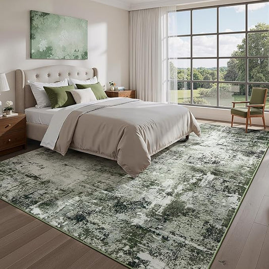 Rugflix 5x7 Area Rugs for Living Room, Washable Large Rug Stain-Resistant Low Pile, Modern Dark Carpet for Dining Room Home Office Kid Room Nursery Bedroom, Dark Green