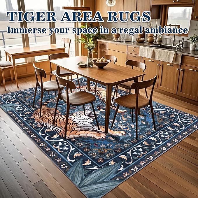 Tiger Washable Area Rugs 5x7Ft, Boho Jungle Living Room Rugs, Soft Botanical Animal Print Bedroom Nursery Area Floor Carpets for Dining Room Dorm Study Kids Playroom Farmhouse Office, Blue