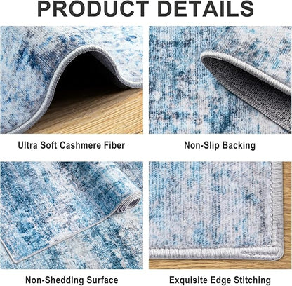 Area Rugs 9x12 Living Room - Washable Rug Modern Abstract Soft Large Neutral Non-Slip Carpet Indoor Floor Thin Carpets for Bedroom Dining Room Farmhouse Nursery Home Office Blue Grey