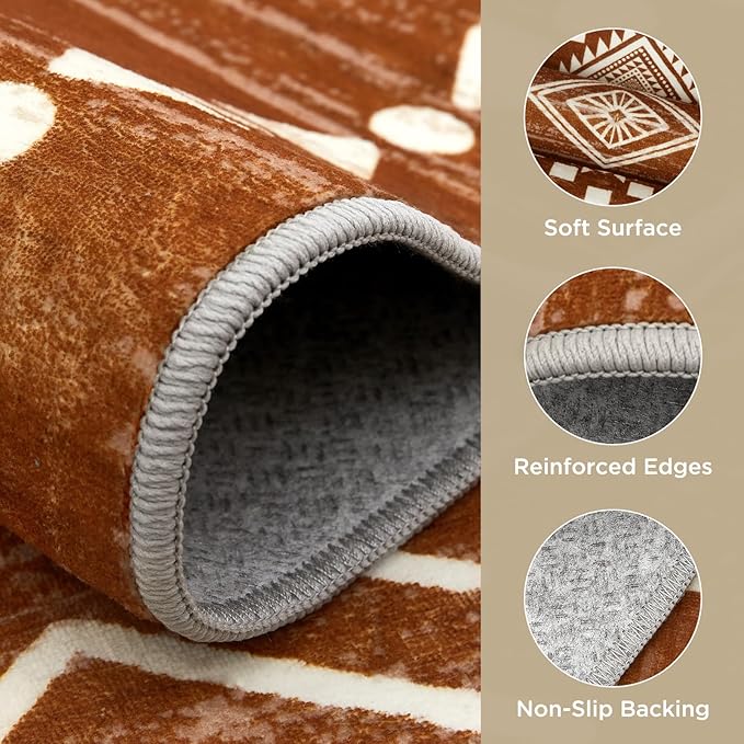 Joydeco Moroccan Washable 8x10 Rugs for Living Room, Western Burnt Orange Large Area Rug for Bedroom Dining Room, Soft Stain Resistant Aztec Carpet Fall Rug for Guestroom Office Playroom