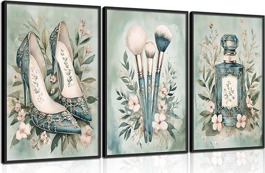 3Pcs Fashion Teen Girls Bedroom Wall Art Perfume Makeup Brushes High Heel Canvas Painting Green Watercolor Botanical Flowers Wall Decor Coquette Preppy Posters Prints for Girl Dorm Pictures Unframed