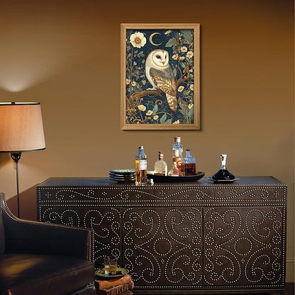 Framed William Morris Wall Art, 3D Textured Cottagecore Vintage Barn Owl Wall Decor, Hand Drawn Sandstone Botanical Art, Dark Academia Flowers Artwork for Bedroom, Farmhouse Home Decor 12x16 inch