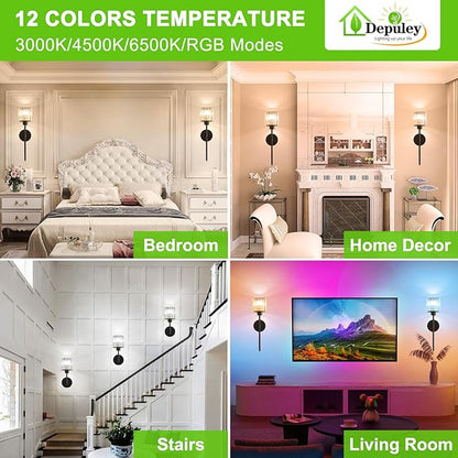 Depuley Wall Sconces Battery Operated: Set of 2 Wireless Crystal Wall Lights with Remote for Bedroom - Rechargeable 15 Colors Black Wall Lamp for Living Room Hallway Home Decor