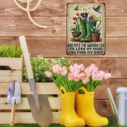 Vintage Garden Tin Sign And Into The Garden I Go To Lose My Mind And Find My Soul Metal Tin Sign for Outdoor Flowers Decor Gardening Yard Art 12x16Inch