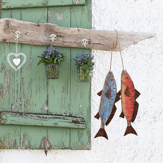 Wooden Fish Hanging Wood Decor for Wall, Rustic Nautical Beach Theme Home Decoration Sculpture Home Decor for Bathroom Bedroom Lake House Decoration