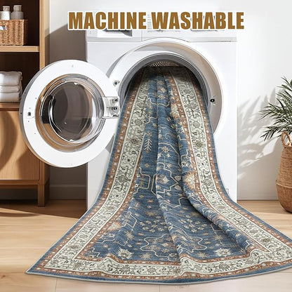 8x10 Area Rug for Living Room- Machine Washable Soft Oriental Vintage Large Indoor Floor Carpet for Bedroom Under Dining Table Home Office Decor - Dark Blue